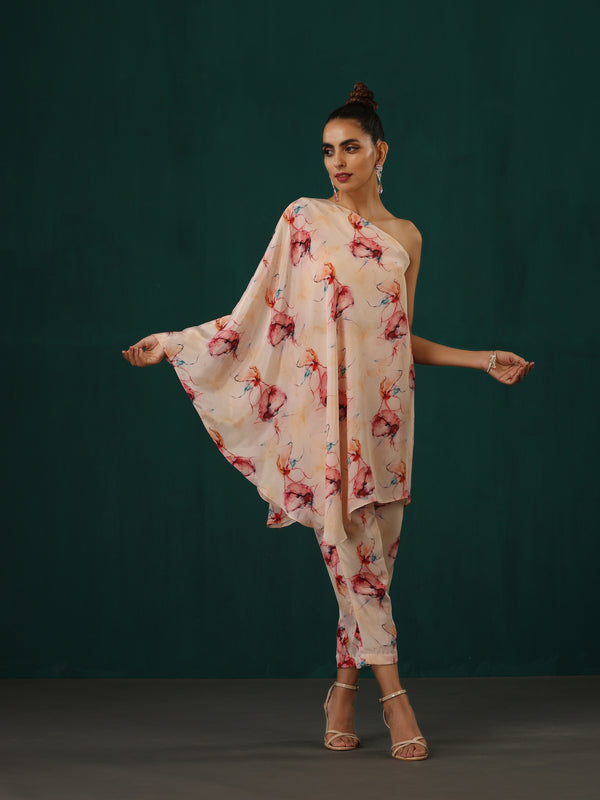 Pink Floral Print Cape Trouser Set