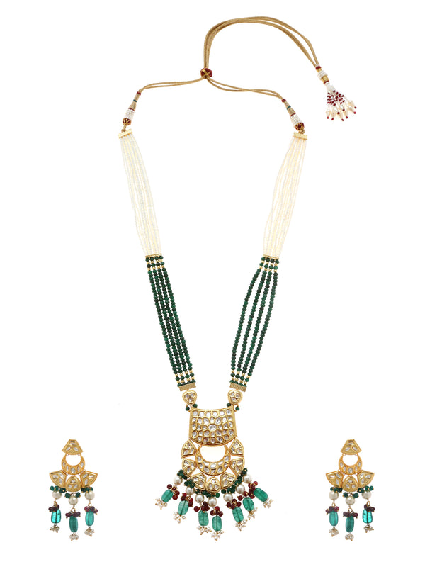 Minaki Long Kundan Set with Emerald colored Beads