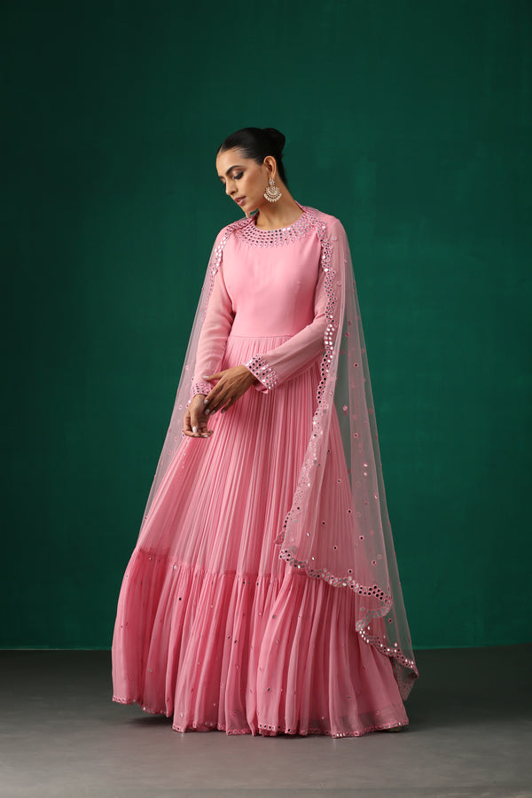 Pink Anarkali with Mirror Work
