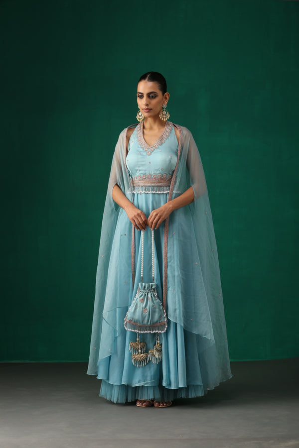 Aqua Anarkali with Cape