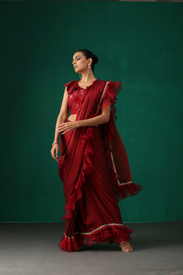 Maroon Saree Drape with Frills