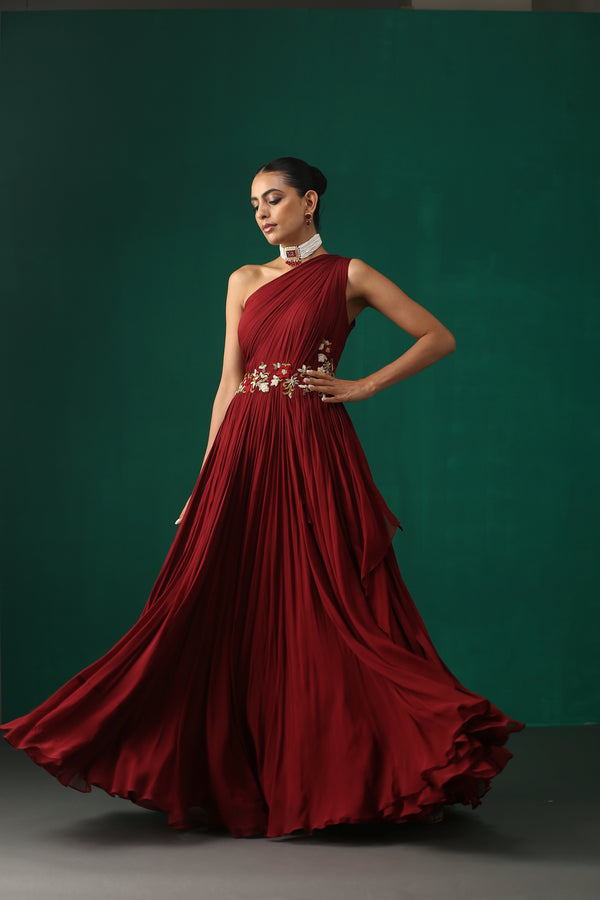 Maroon Hand Embroidered Layered Dress Gown