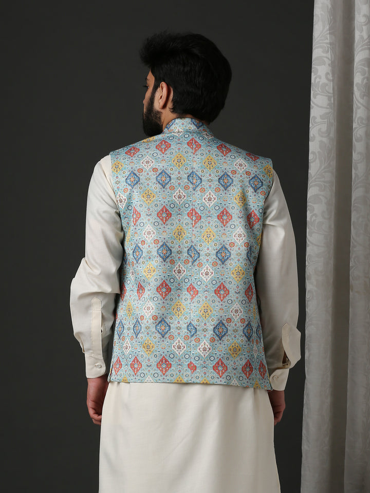 Minaki Classic Sea Green Geometric Print Bundi