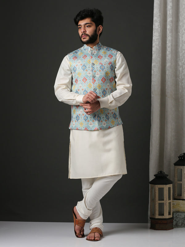 Minaki Classic Sea Green Geometric Print Bundi