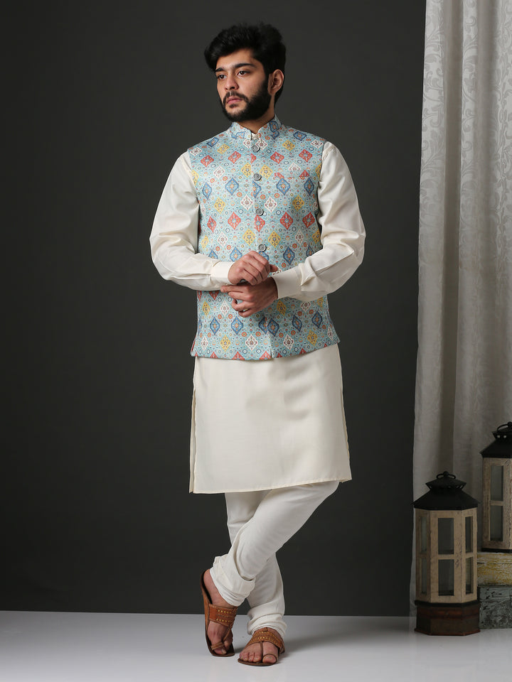 Minaki Classic Sea Green Geometric Print Bundi