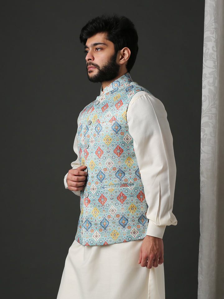 Minaki Classic Sea Green Geometric Print Bundi