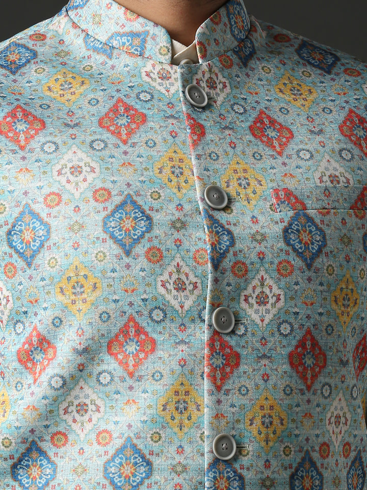 Minaki Classic Sea Green Geometric Print Bundi