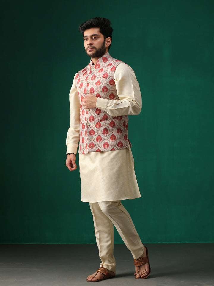 Minaki Classic Red Geometric Print Bundi