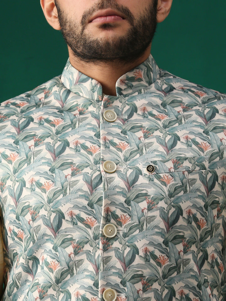 Minaki Classic Green Floral Printed Bundi