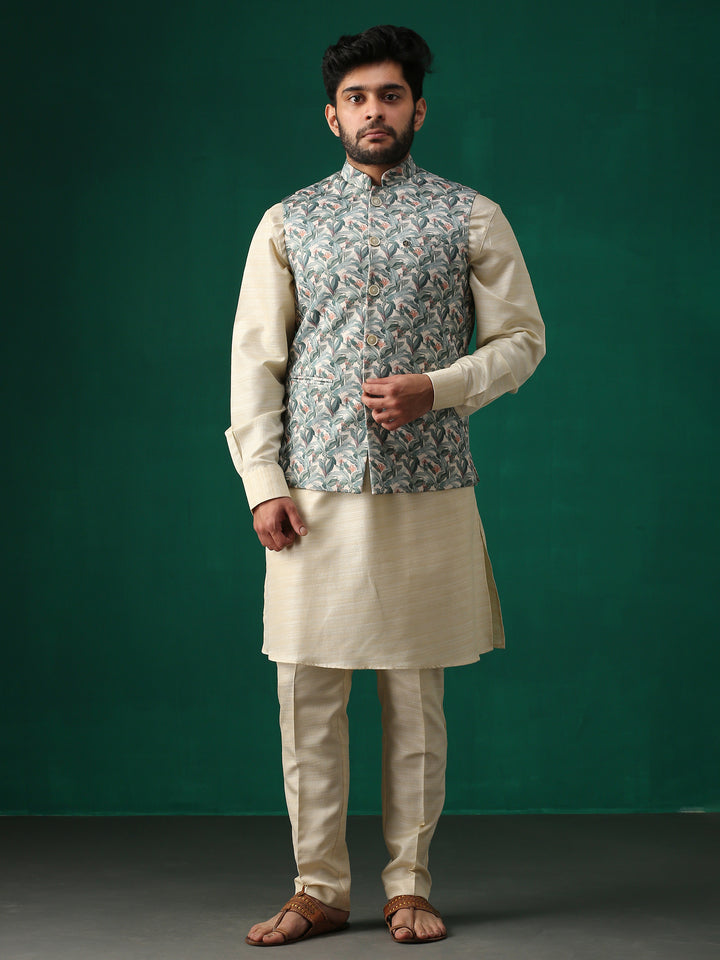 Minaki Classic Green Floral Printed Bundi