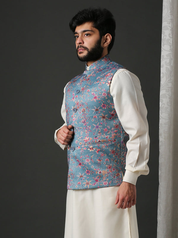 Classic Blue Floral Printed Bundi