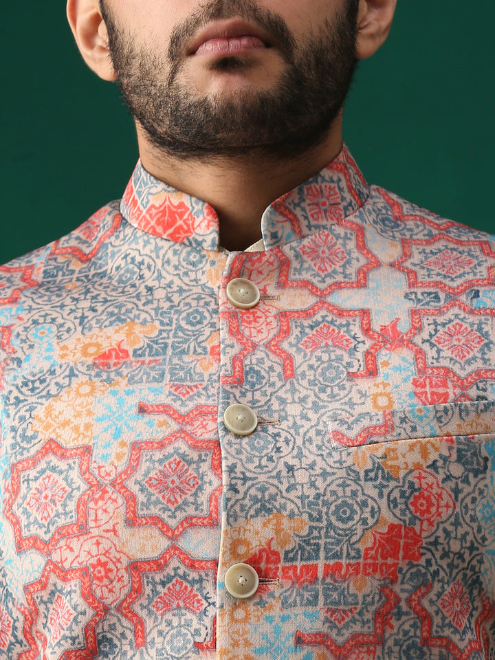 Minaki Classic Red Geometric Print Bundi