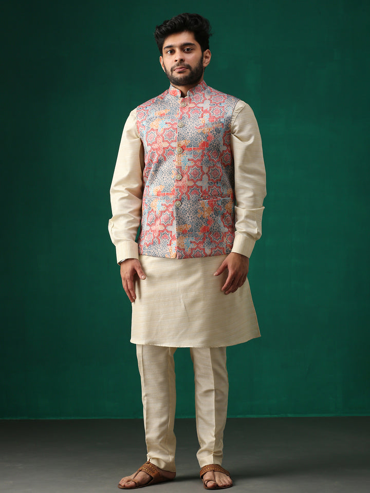 Minaki Classic Red Geometric Print Bundi