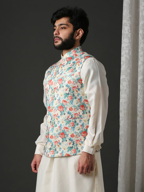 Off White Floral Classic Printed Bundi