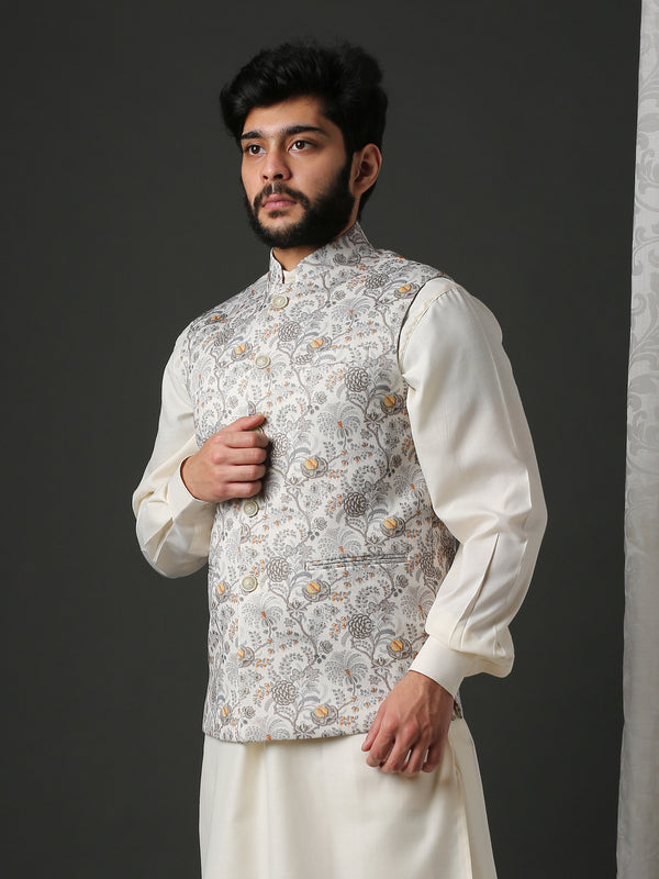 Grey Floral Classic Printed Bundi