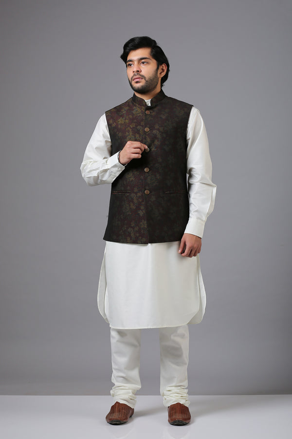 Rich Floral printed Bundi with Metallic Buttons