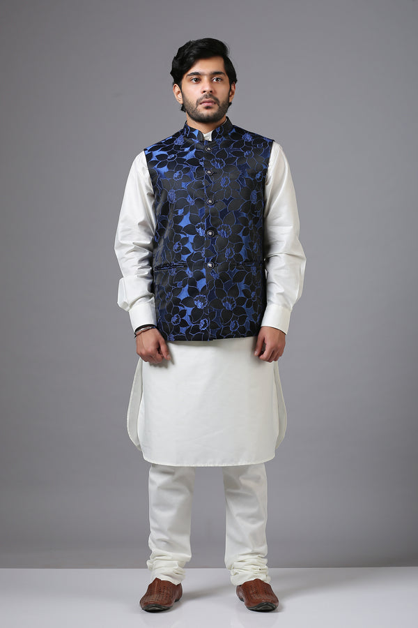 Floral Embroidered Blue Bundi With Stylised Buttons