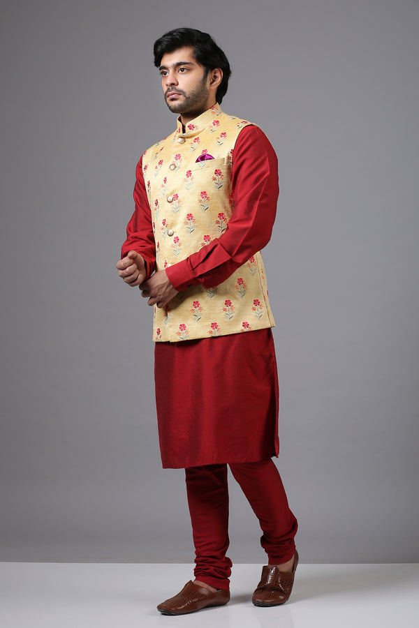 Embroidered Floral Bundi with Red Kurta Set