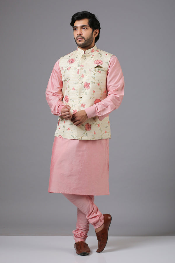 Embroidered Floral bundi with Pink Kurta Set