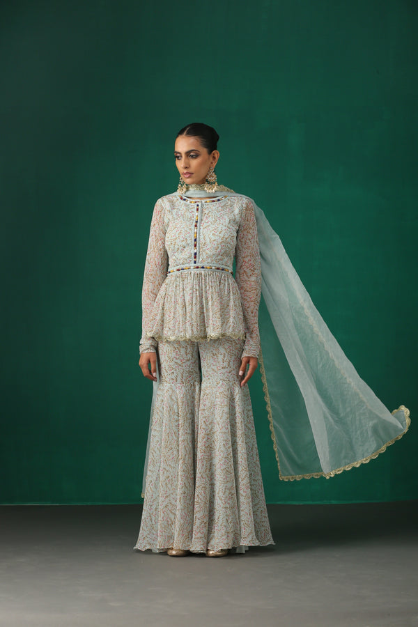 Aqua Sharara Peplum Set