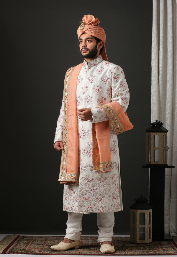 Hand Embroidered Elegant Off White Sherwani