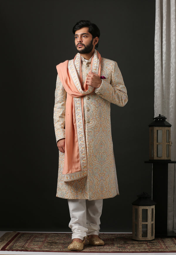 Royal Elegant Hand Embroidered Peach Sherwani