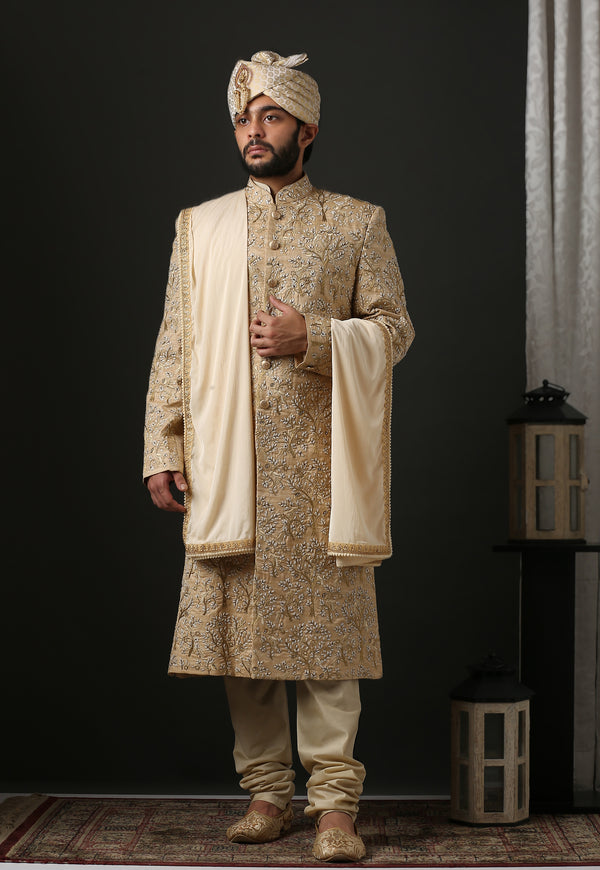 Luxurious Shehensha Sherwani with Golden Hand Embroidery