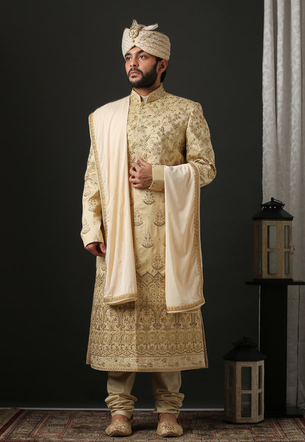 Luxurious Modern Hand Embroidered Cream Sherwani