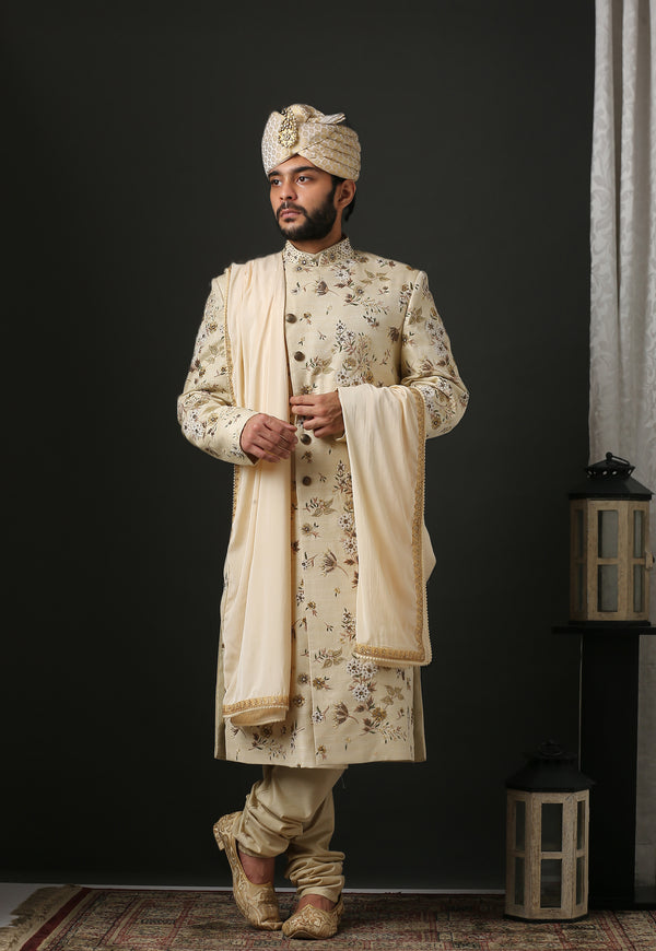 Anghrakha Styled Hand Embroidered Cream Sherwani