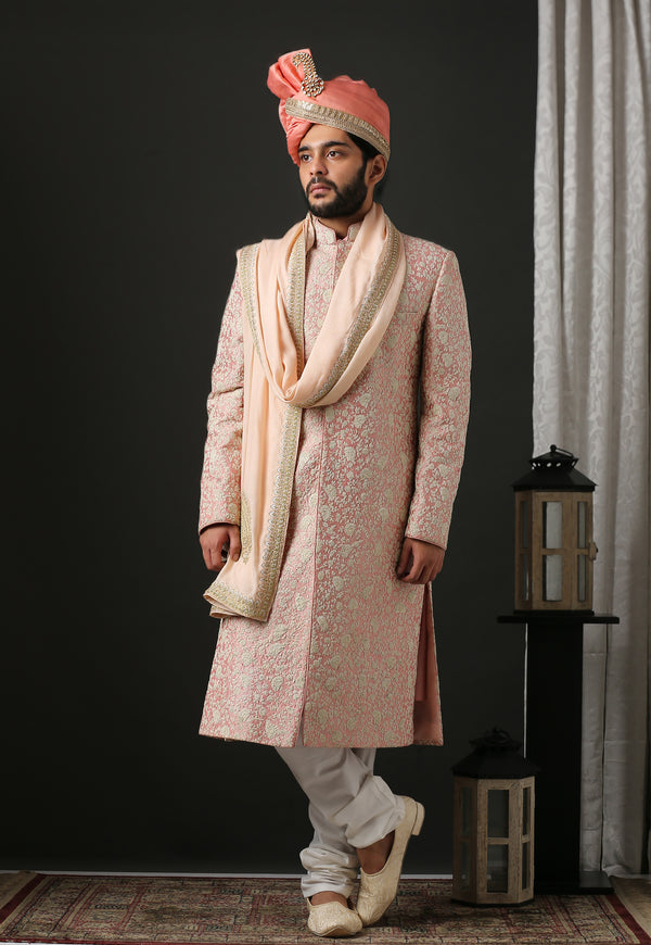 Fresh Pink Color All Over Embroidered Sherwani