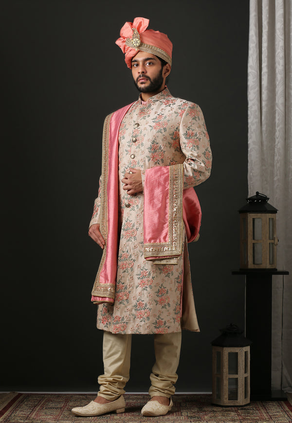 Rich Classic Hand Embroidered Long Fawn Sherwani