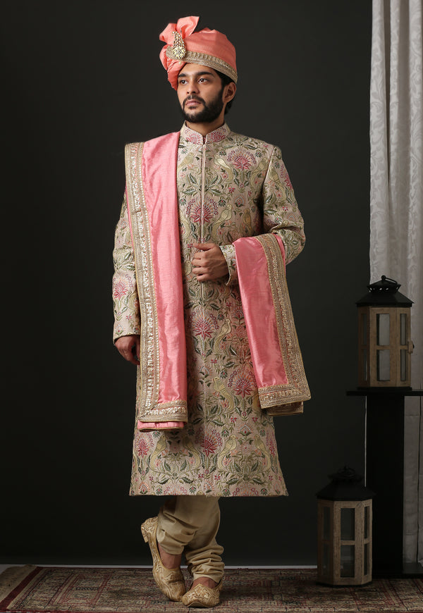 Modern Long Fawn Sherwani With Concealed Placket