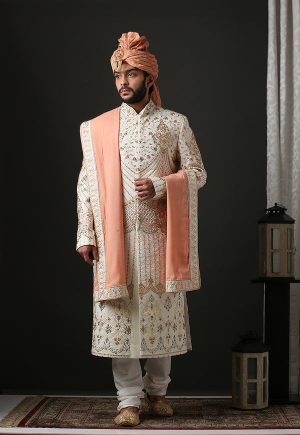 Majestic Contemporary Off White Hand Embroidered Sherwani