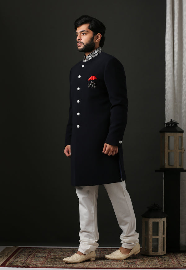 Royal Understated Sherwani With Rich Embroidered Collar Styling