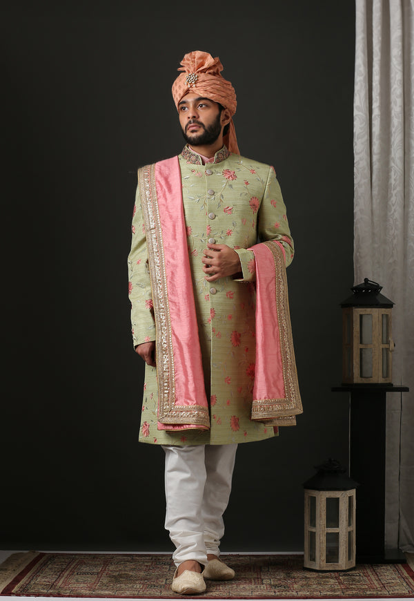 Green Classic Sherwani with Pink Floral Embroidery