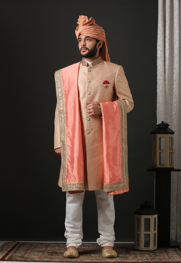 Classic Contemporary Embroidered Peach Sherwani