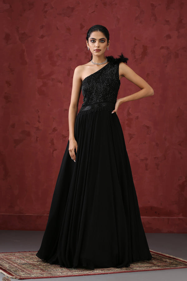 Black Hand Embroidered Layered Dress Gown