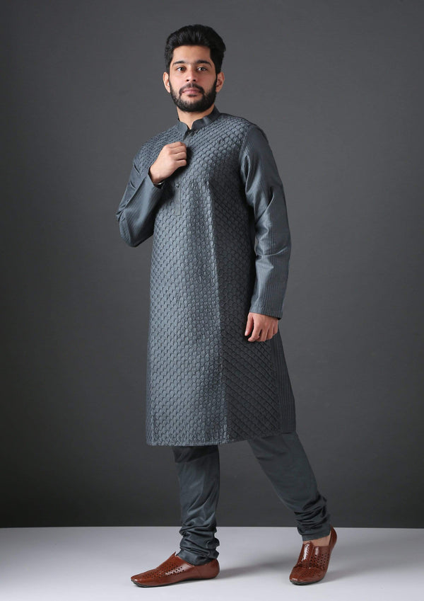 MINAKI Kurta GREY PIN TUCK SILK BLEND KURTA SET