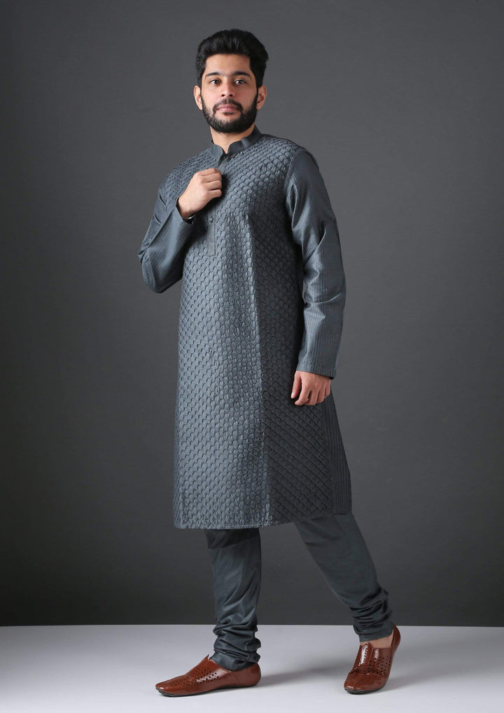 MINAKI Kurta GREY PIN TUCK SILK BLEND KURTA SET
