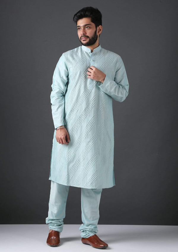 MINAKI Kurta LIGHT BLUE PIN TUCK SILK BLEND KURTA SET
