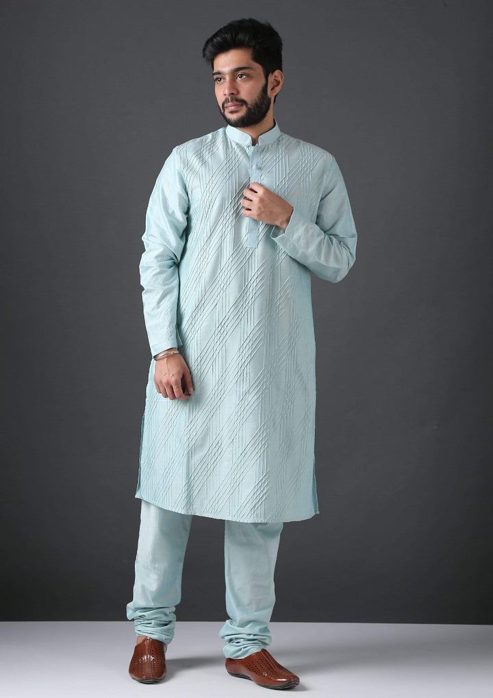 MINAKI Kurta LIGHT BLUE PIN TUCK SILK BLEND KURTA SET