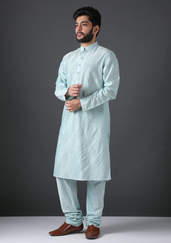 MINAKI Kurta LIGHT BLUE PIN TUCK SILK BLEND KURTA SET