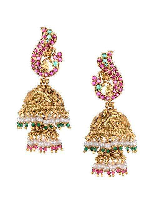 MINAKI Earrings TEMPLE EARRINGS  - JHUMKAS WITH COLORED BEADS
