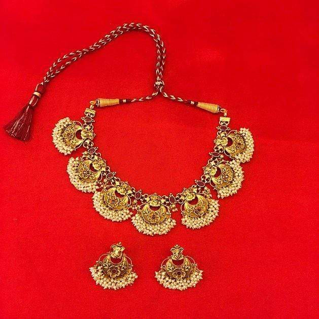 MINAKI Sets TEMPLE JEWELLERY SET  : FLORAL GANESHA TEMPLE CHOKER SET