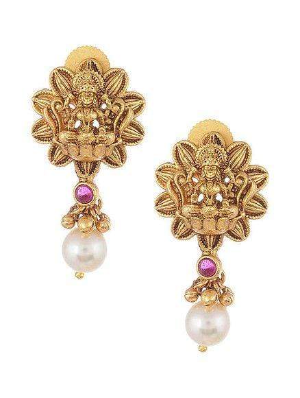 MINAKI Sets TEMPLE JEWELLERY SET : GOLD TONE TEMPLE NECKLACE AND EARRINGS WITH PEARLS