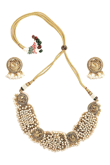 MINAKI Sets TEMPLE JEWELLERY SET : LAXMI TEMPLE SET WITH WHITE PEARLS (CHOKER)