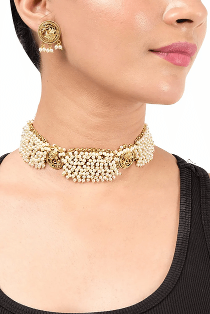 MINAKI Sets TEMPLE JEWELLERY SET : LAXMI TEMPLE SET WITH WHITE PEARLS (CHOKER)