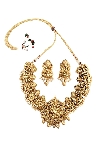 MINAKI Sets TEMPLE JEWELLERY SET  : LAXMI TEMPLE SET WITH WHITE PEARLS.